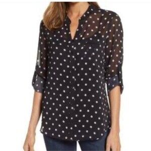 Kut from the Cloth black/white polka dot full button up chest pockets SZ M
